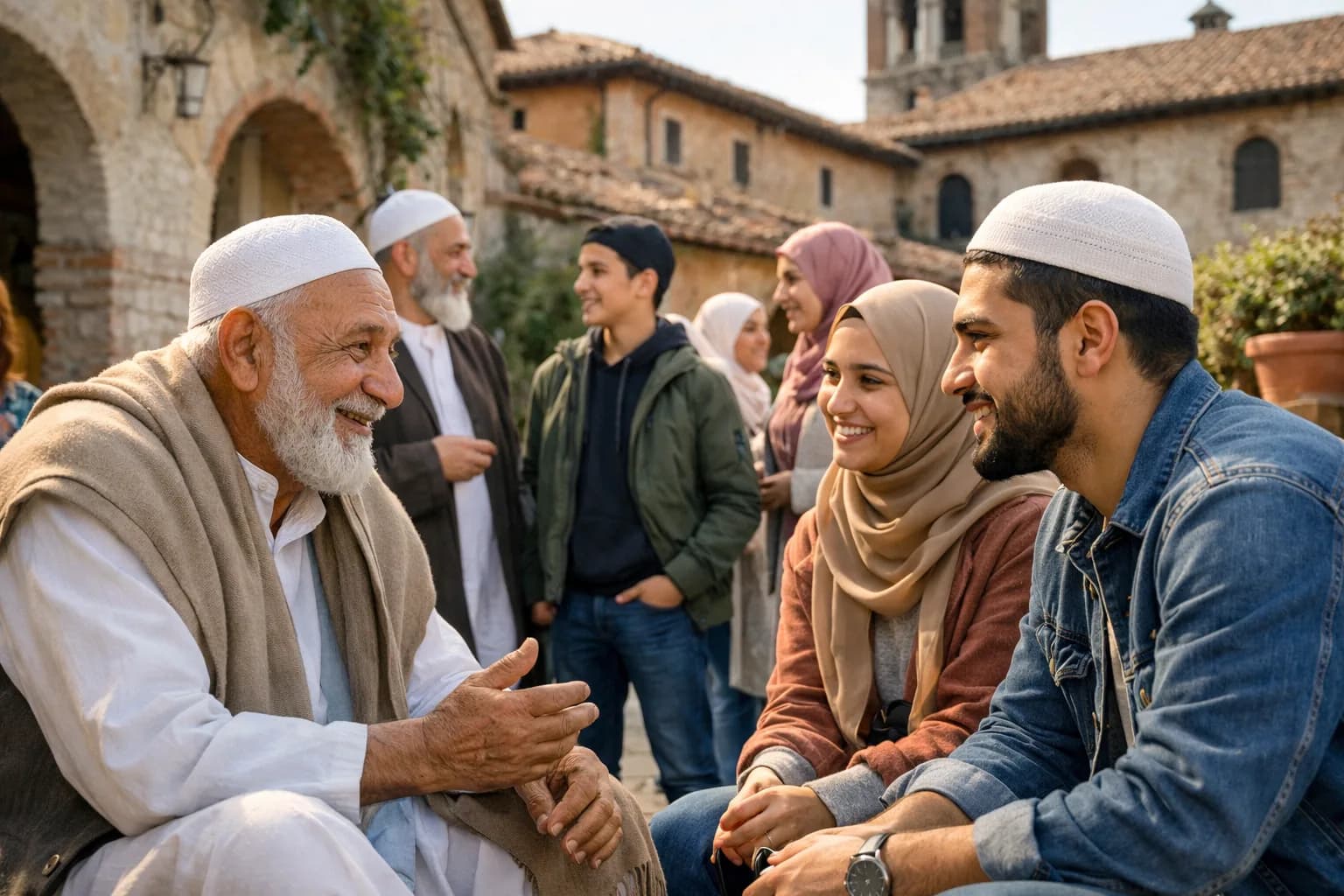 Gruppo eterogeneo della community musulmana in uno spazio urbano italiano moderno 2