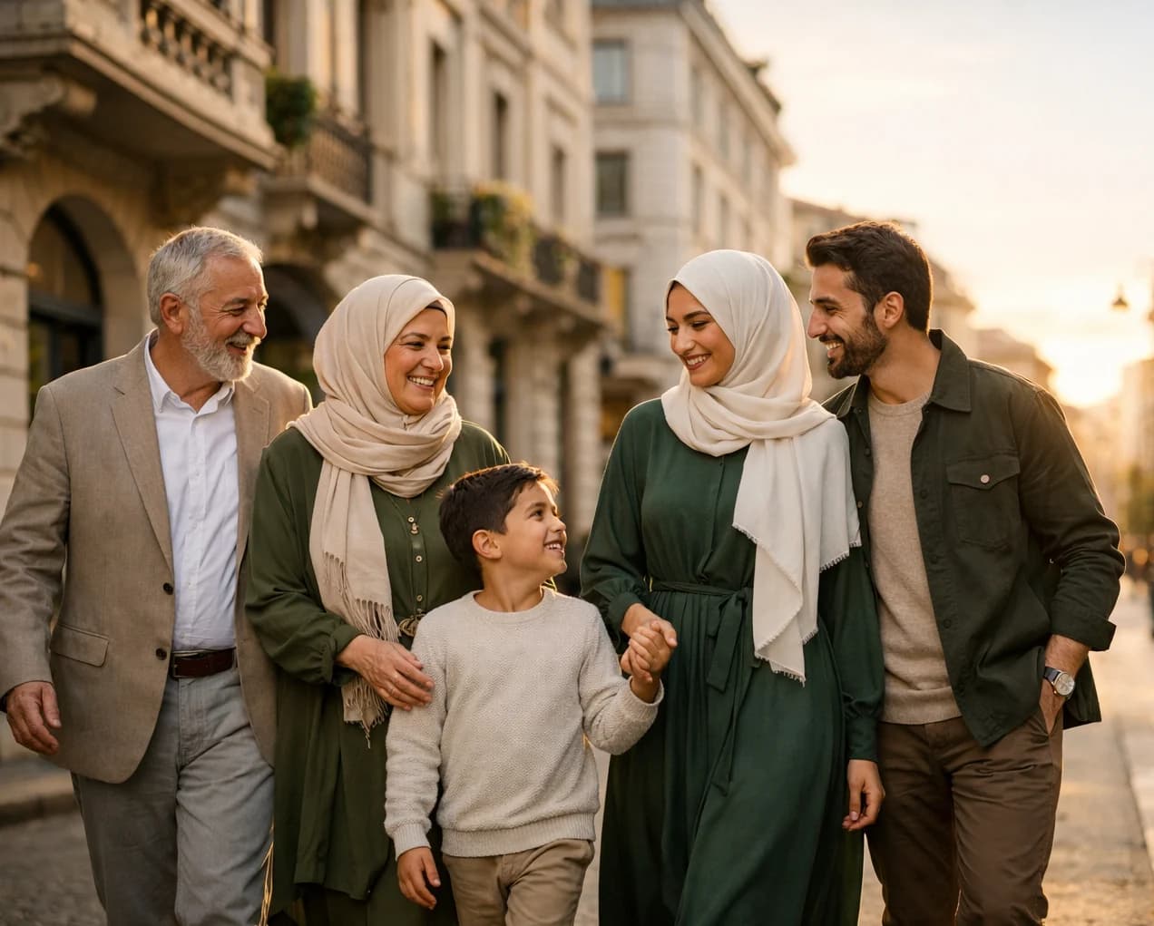 Famiglia musulmana in una città italiana moderna durante la golden hour