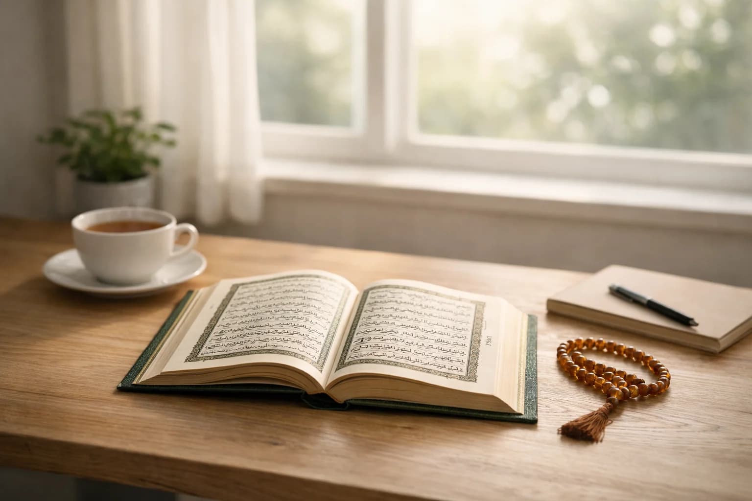 Setup mattutino calmo con Quran e tè vicino a una finestra